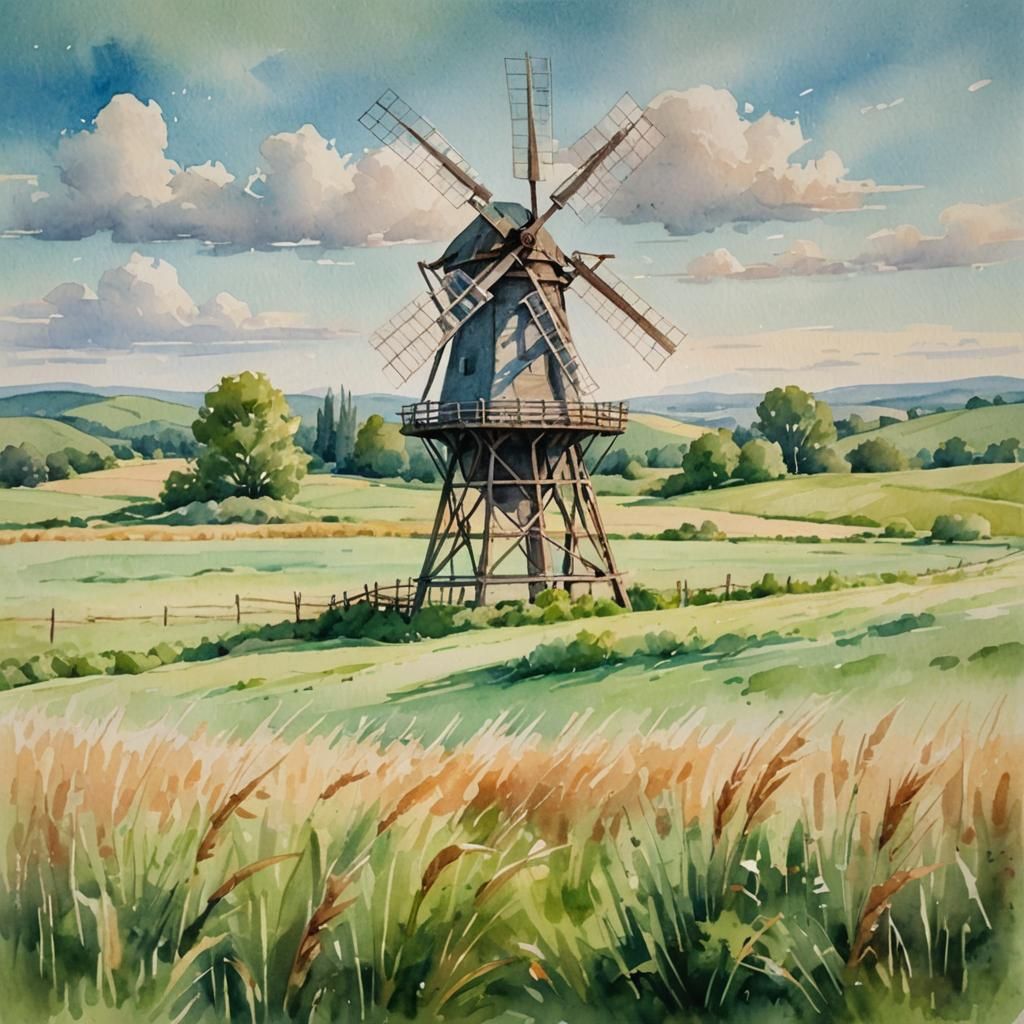 Rustic Windmill in Meadow: Watercolor Landscape