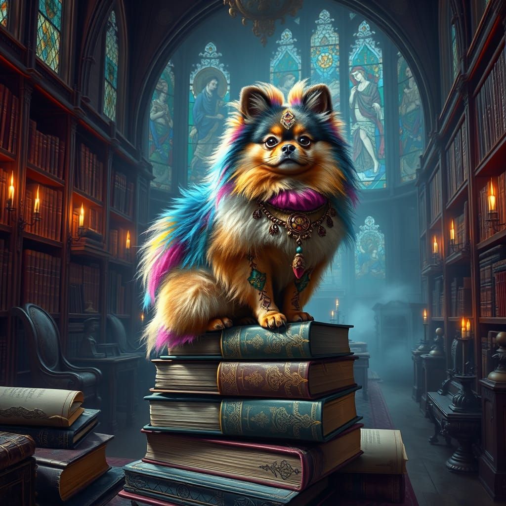 Feathered Pomeranian on Ancient Tomes, Matte Painting