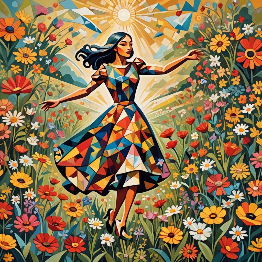 Cubist Frog Leaps to Lady in Flower Field