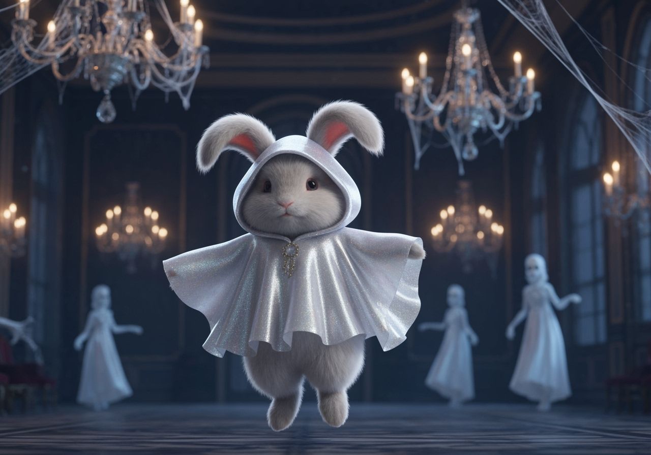 Fluffy Bunny in Ethereal Ghost Costume in Opulent Ballroom