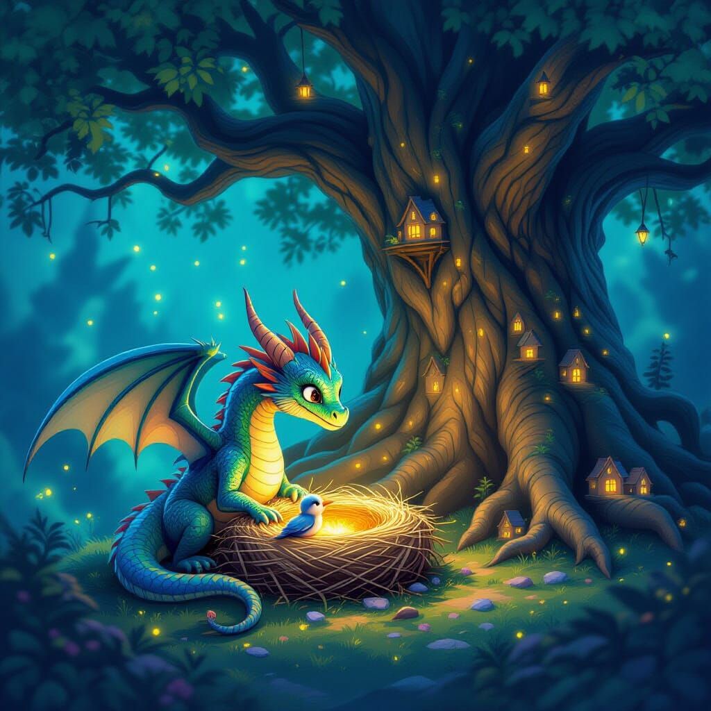 Iridescent Dragon Helps Baby Bird in Enchanted Tree