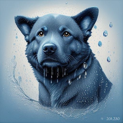 Water Droplet Dog in Monochromatic Blue Pointillism