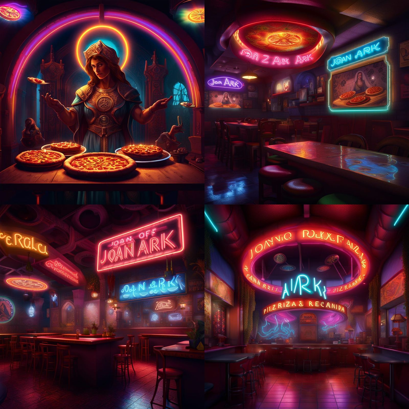 Joan of Ark Pizzeria: Neon Lights and Religious Symbolism