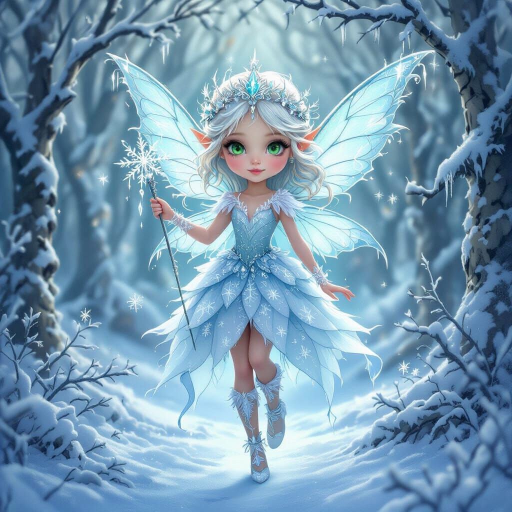 Young Winter Fairy in Snowy Forest