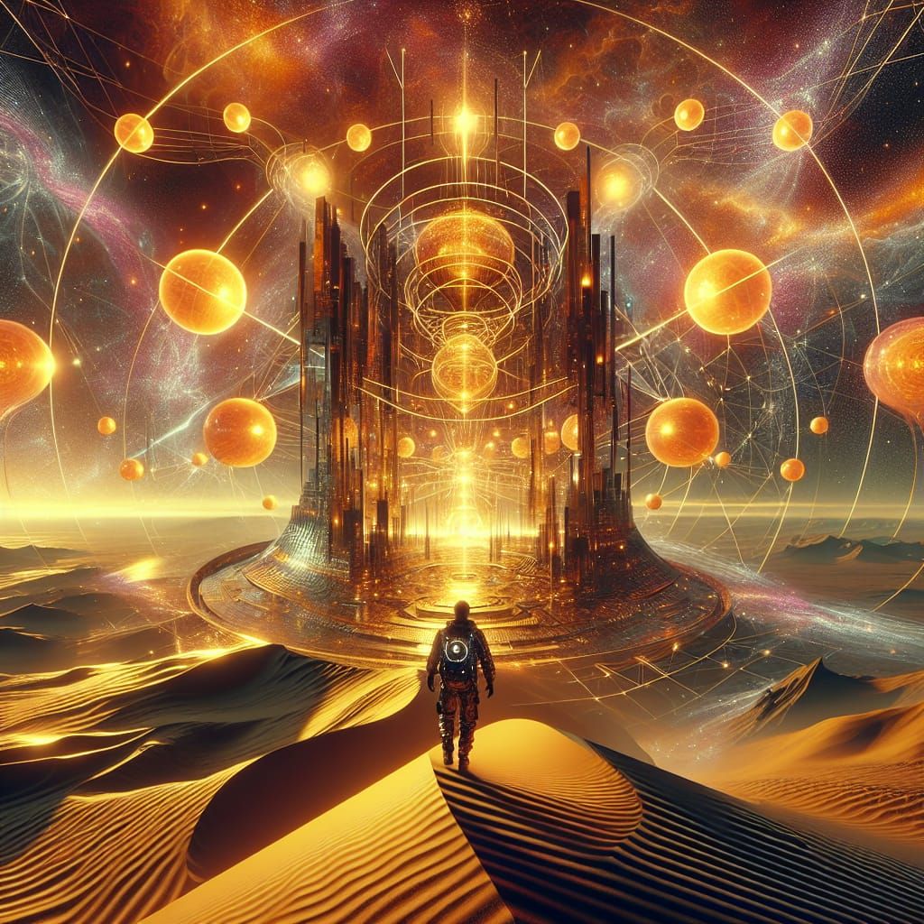 Futuristic Quantum Observatory in Amber Desert