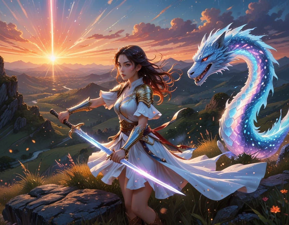 Anime-Style Woman Interacts with a Glowing Sword and a Majes...