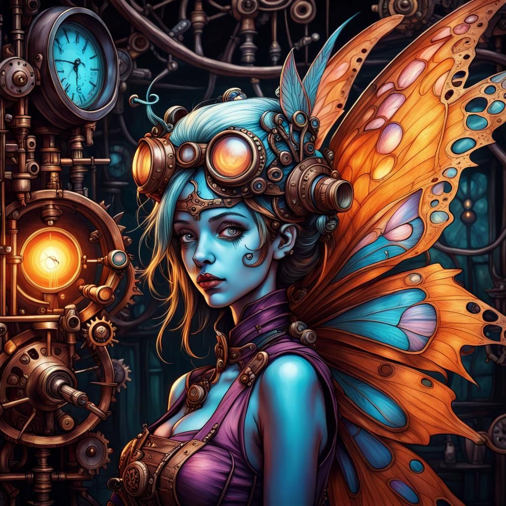 Steampunk fairy in magical workshop intricately detailed Kandinsky Tim Burton photorealism maximalist storybook illustr...