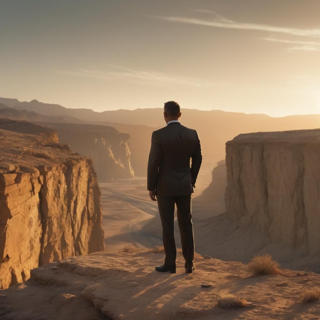 James Bond on Cliffside at Sunset: Cinematic Still