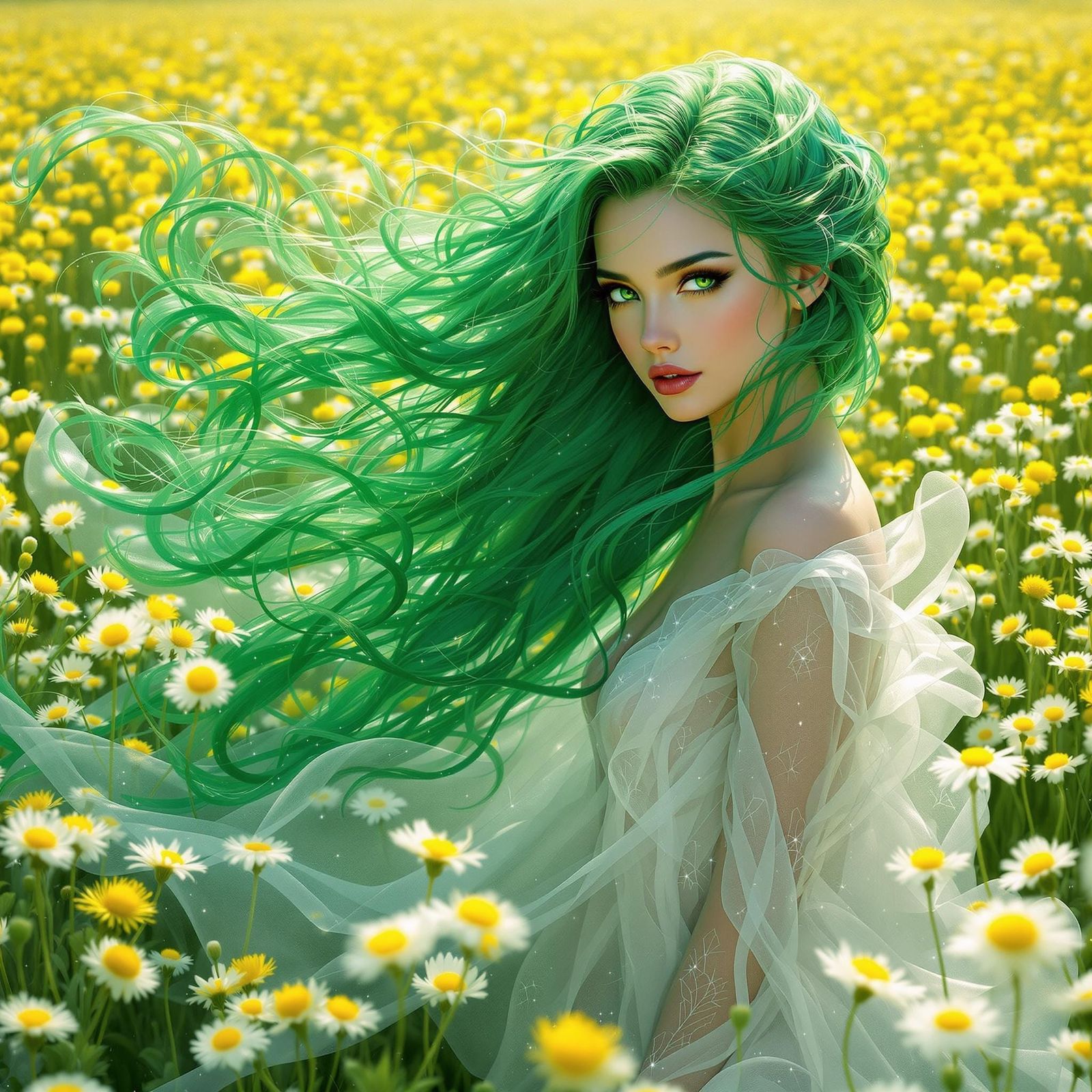 Emerald Beauty in Dandelion Field: Fantasy Concept Art