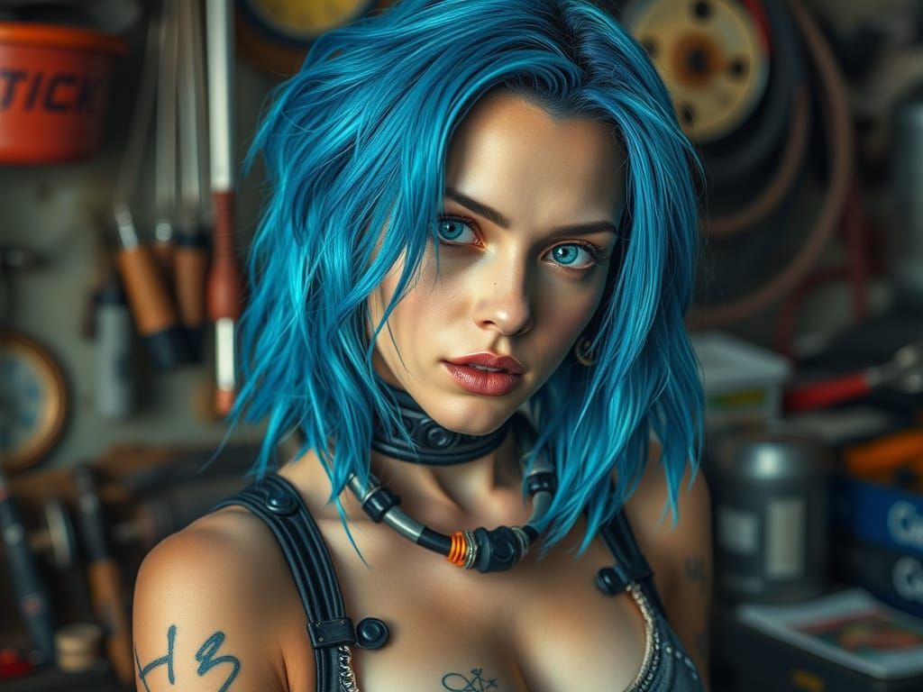 Biopunk Woman Works on Cyborg in Colorful Garage