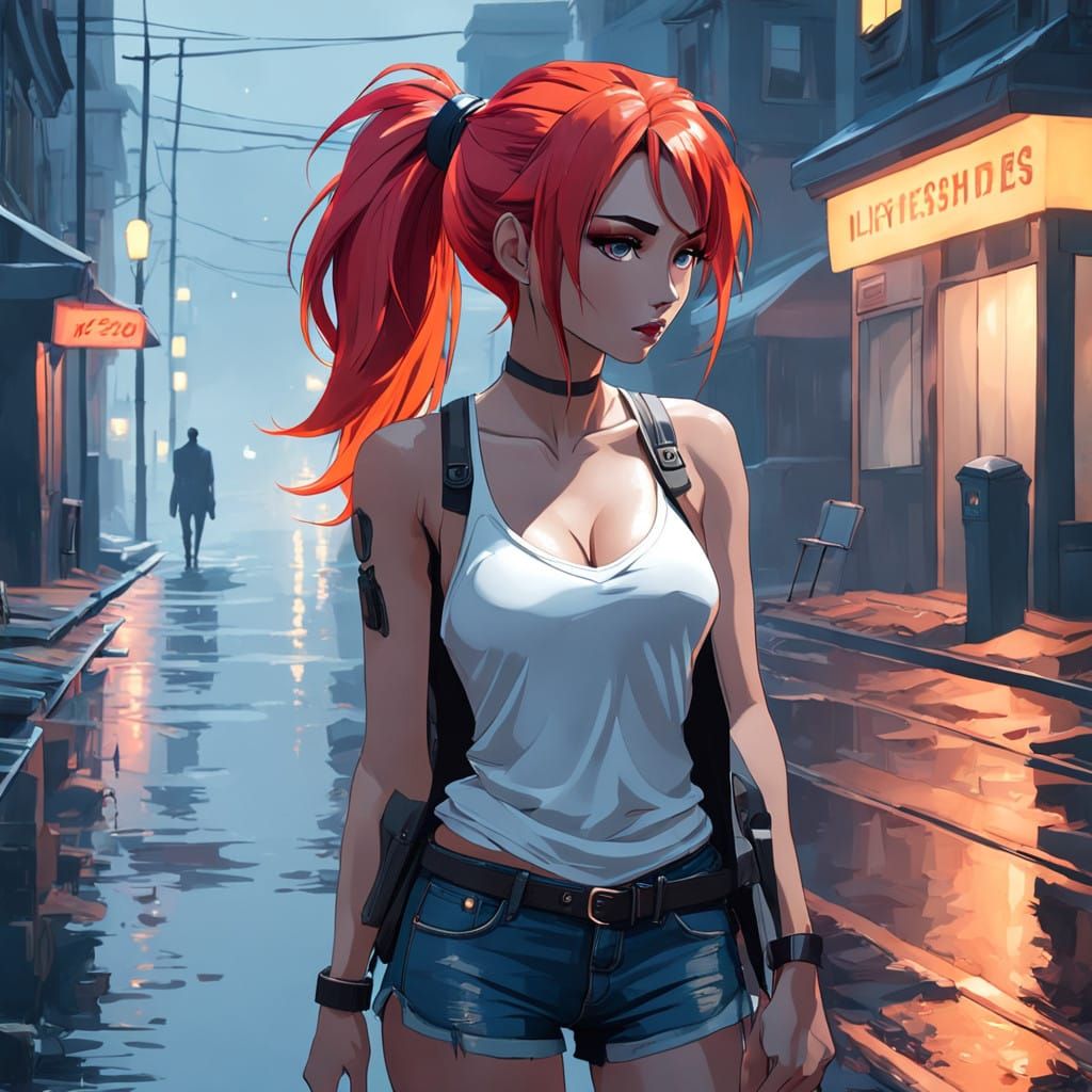 Petite Woman in Moody Street Scene with Coloured Tattoos and...