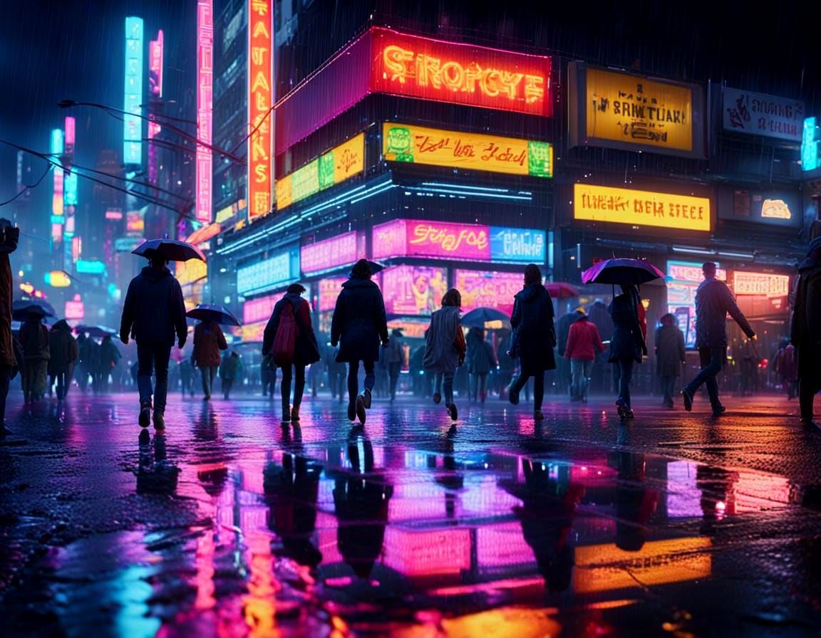 Hyperrealistic City Street Reflecting Neon Lights