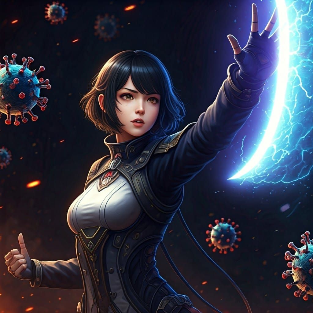 Anime Sci-Fi Warrior Raises Shield Against Invading Viruses