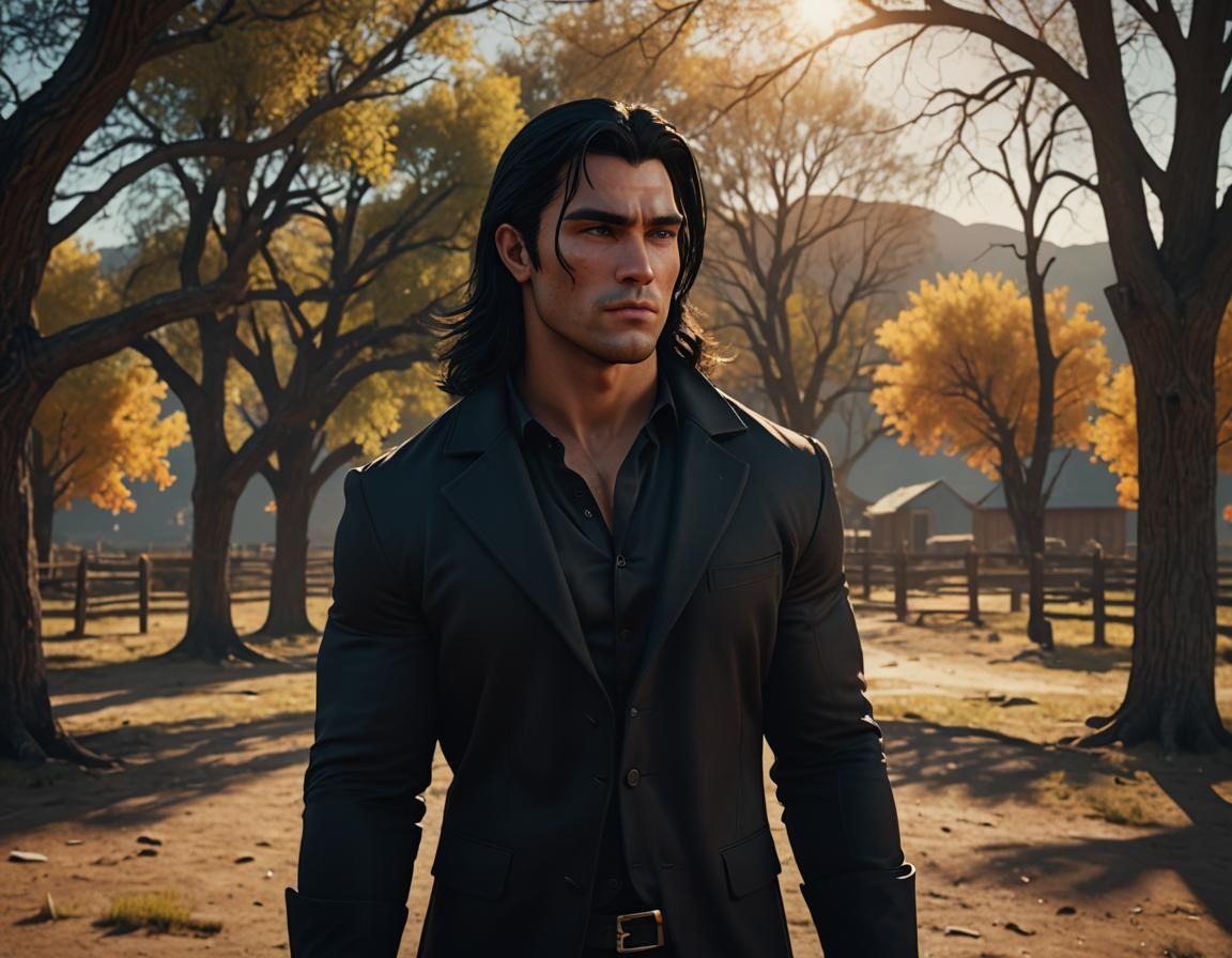 Handsome Man in Black Suit on Ranch, Cinematic Style