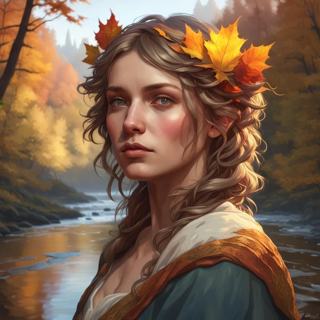 Autumn Fairy by River, Detailed Fantasy Portrait