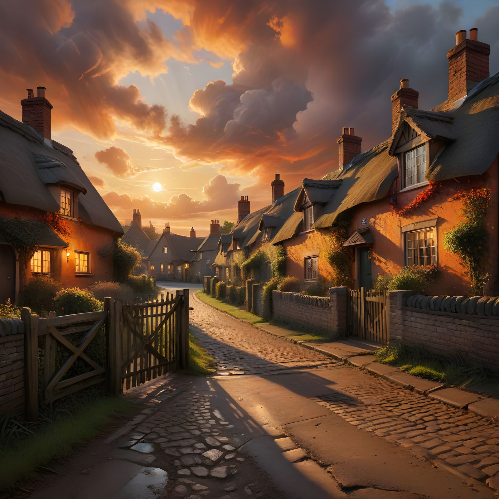 Vibrant English Village Street at Sunset, in Oil Painting St...
