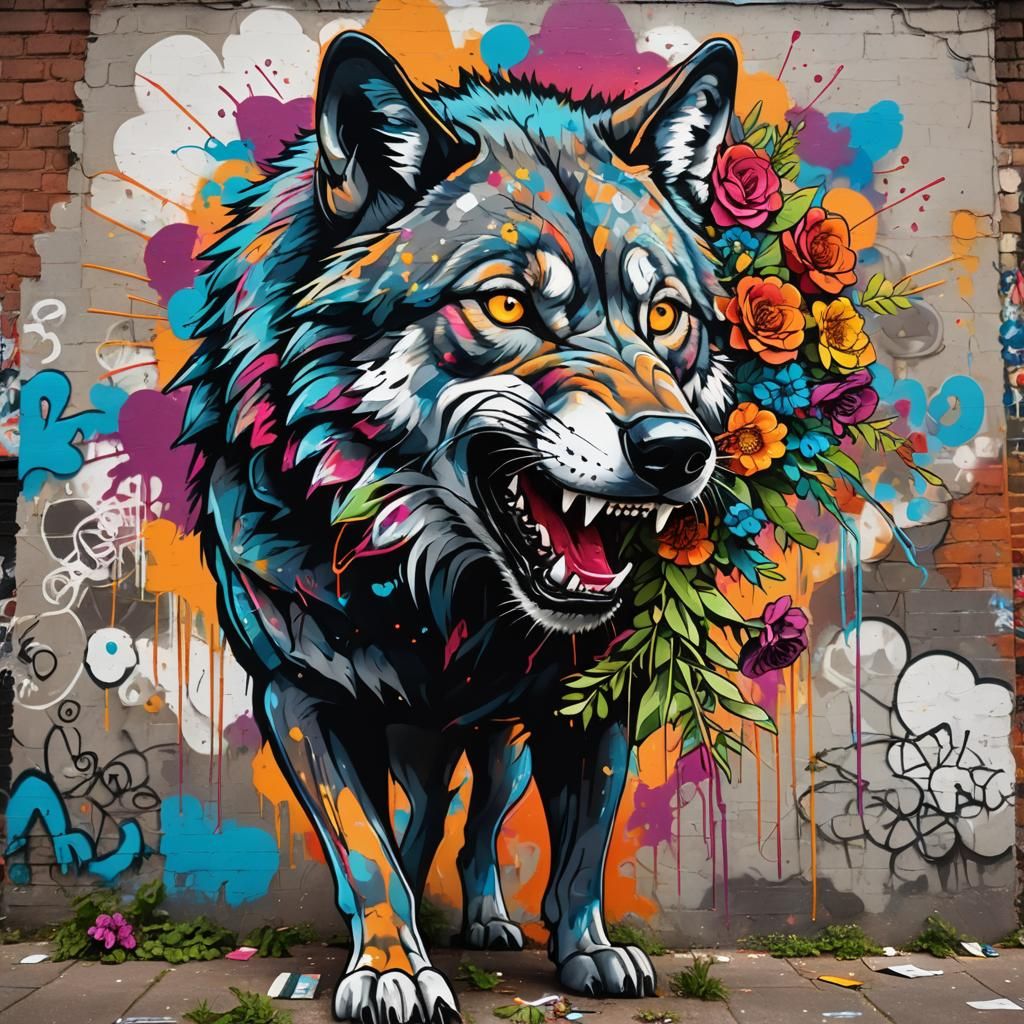 Wolf Holding Flowers in Urban Graffiti Style