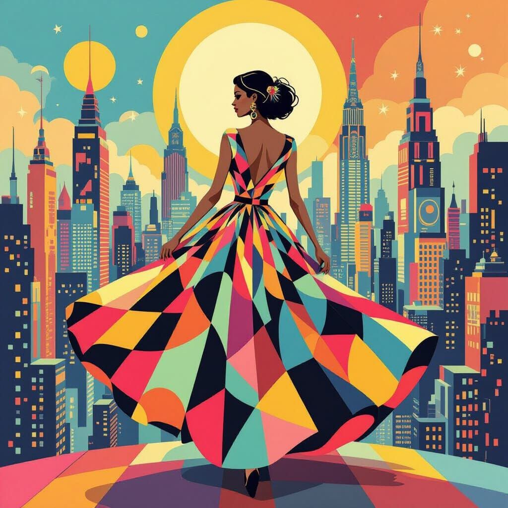 Woman in Geometric Cityscape in Abstract Style