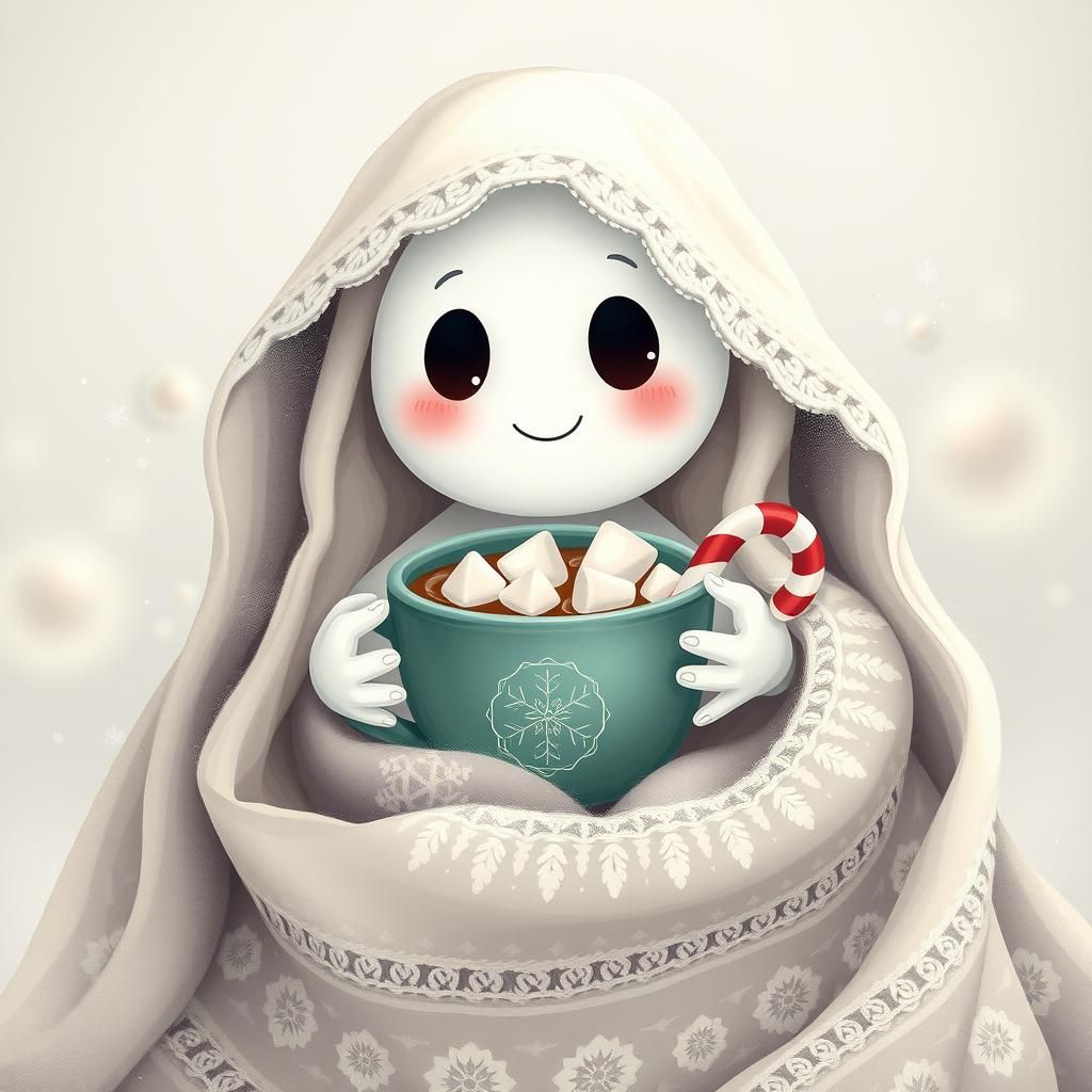"A tiny smiling ghost wrapped in a cozy blanket, holding a c...