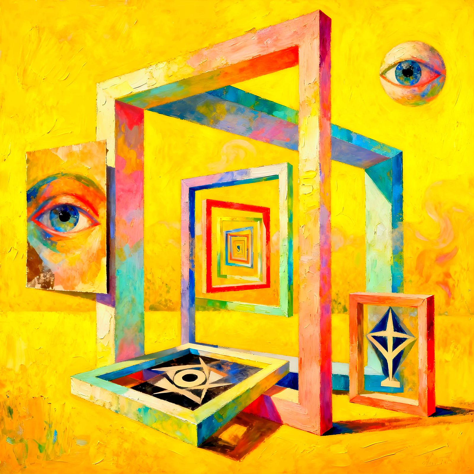 Surreal Geometric Collage of Impossible Objects and Psyche S...