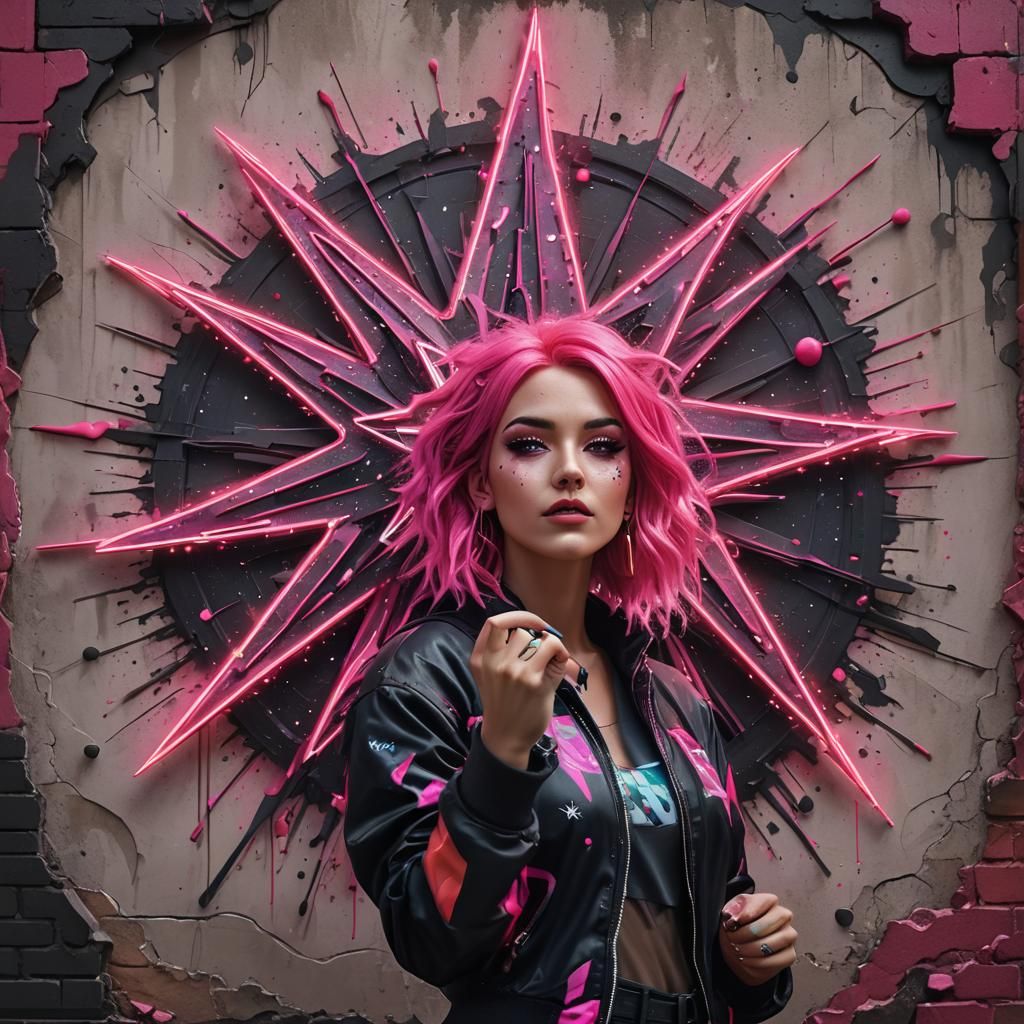 Girl with Pink Hair Graffiti Star, Digital Art