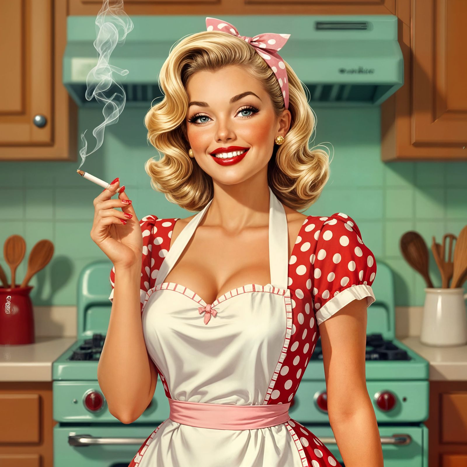 1950s Housewife Smoking in Retro Kitchen, Norman Rockwell St...