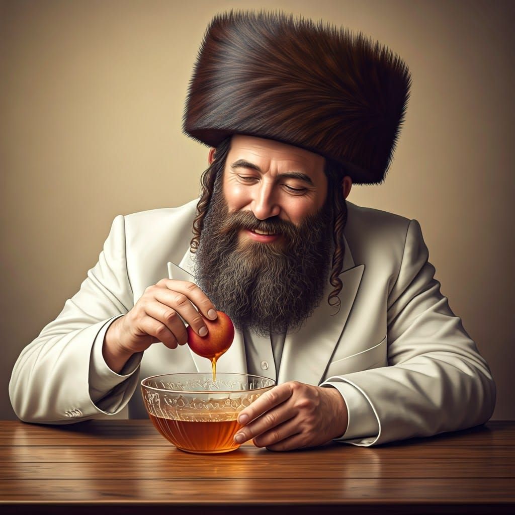Joyful Ultra-Orthodox Jew Dipping Apple in Honey