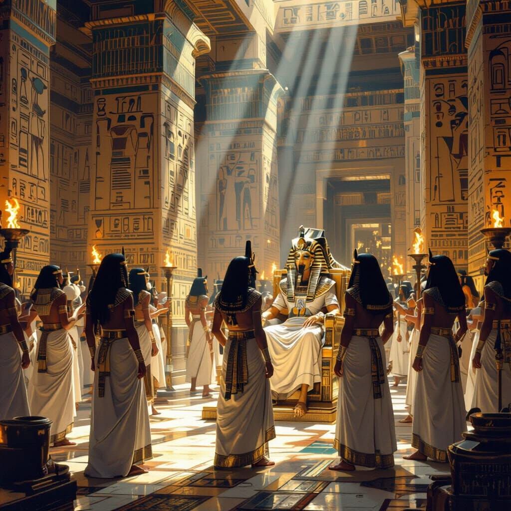 Pharaoh Enthroned in Torchlit Temple