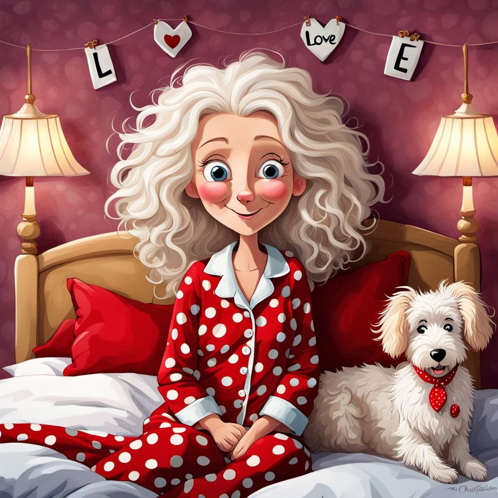Whimsical Cartoon: Amused Lady and Dog in Bed