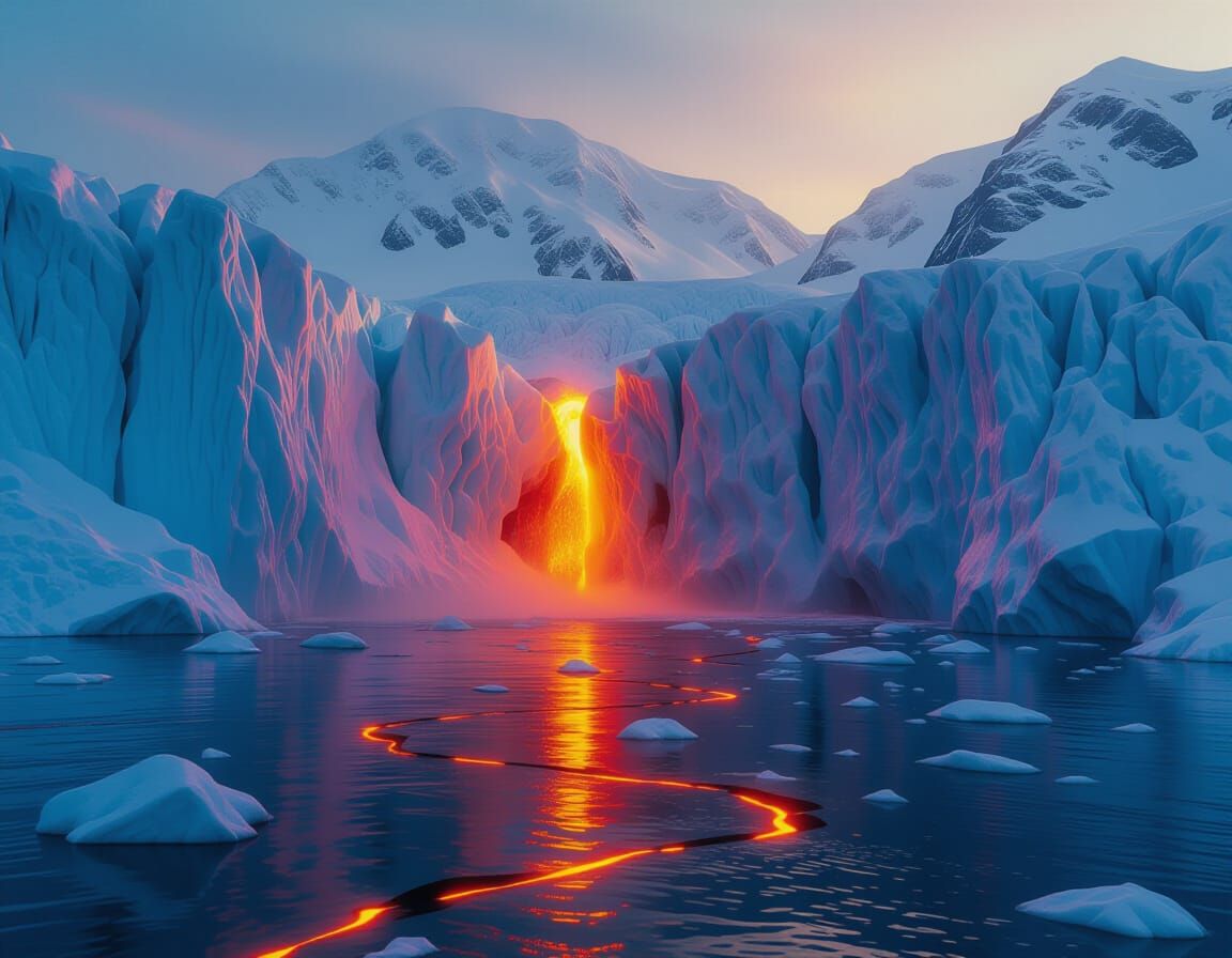 Glacier Melts into Fiery Lava River