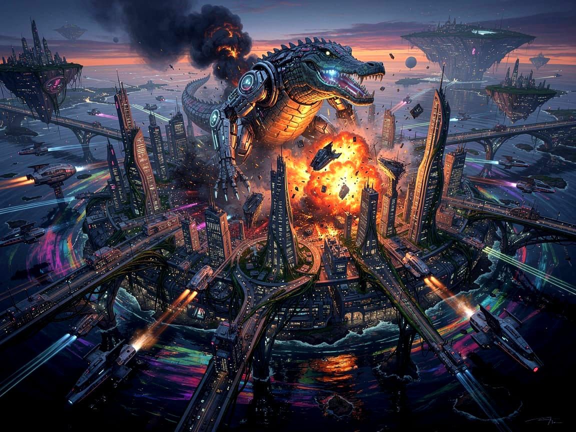 Colossal Cyborg Alligator Attacks Futuristic City