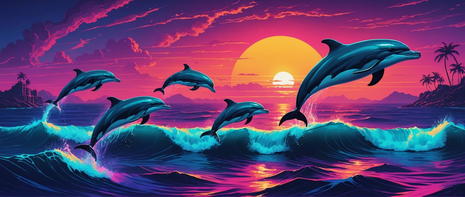 Neon Synthwave Sunset: Dolphins and Whales