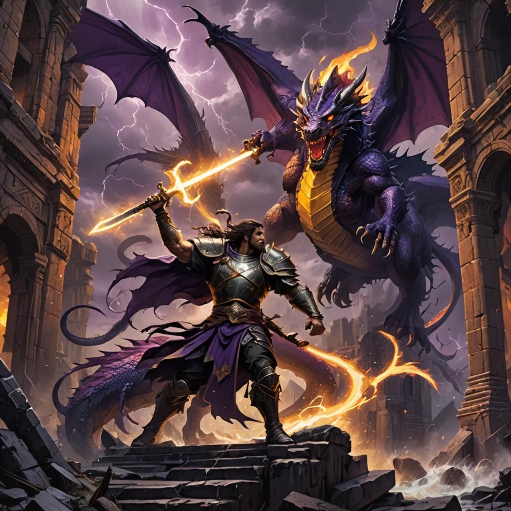 God Battles Dragon in Dark Fantasy Ruins