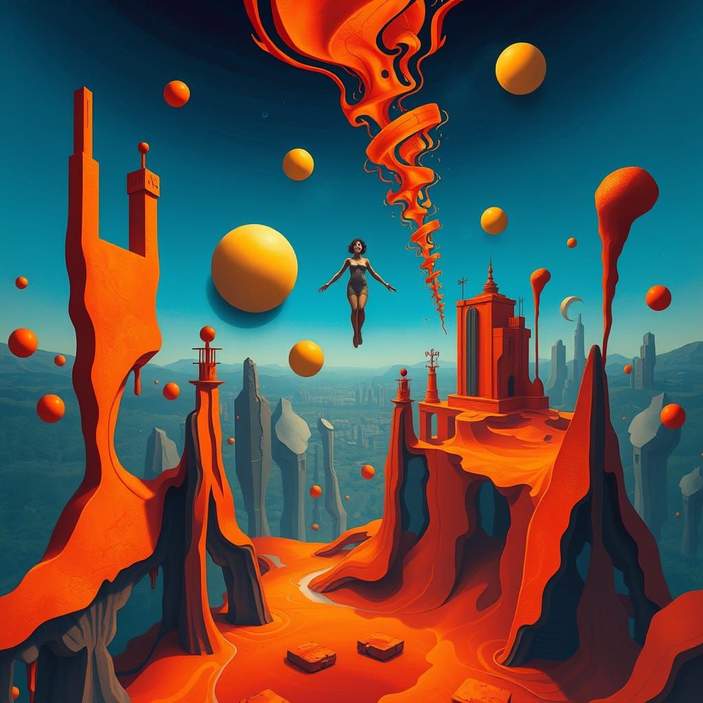 Surrealist Figure Suspended in a Dreamlike Melting Environme...
