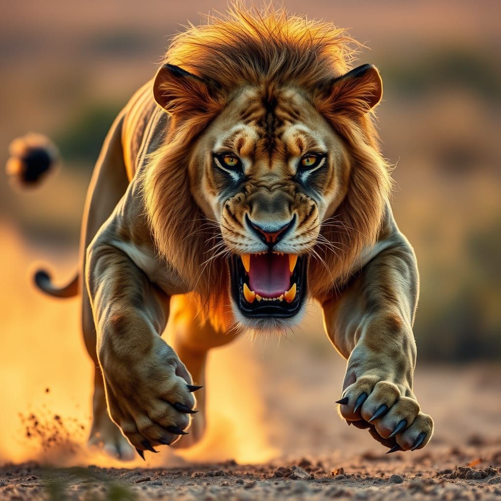 Lion in Mid-Pounce, Hyperrealistic Portrait of Power and Foc...