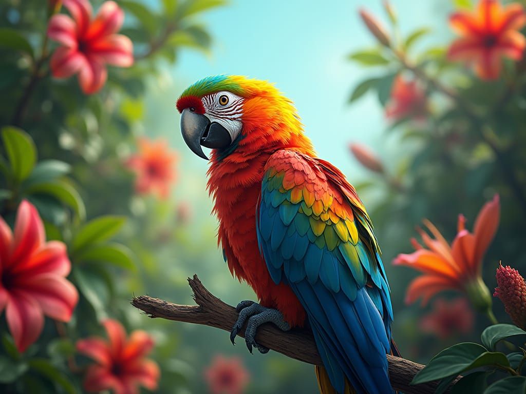 Rainbow Parrot Perched in a Lush Jungle Scene
