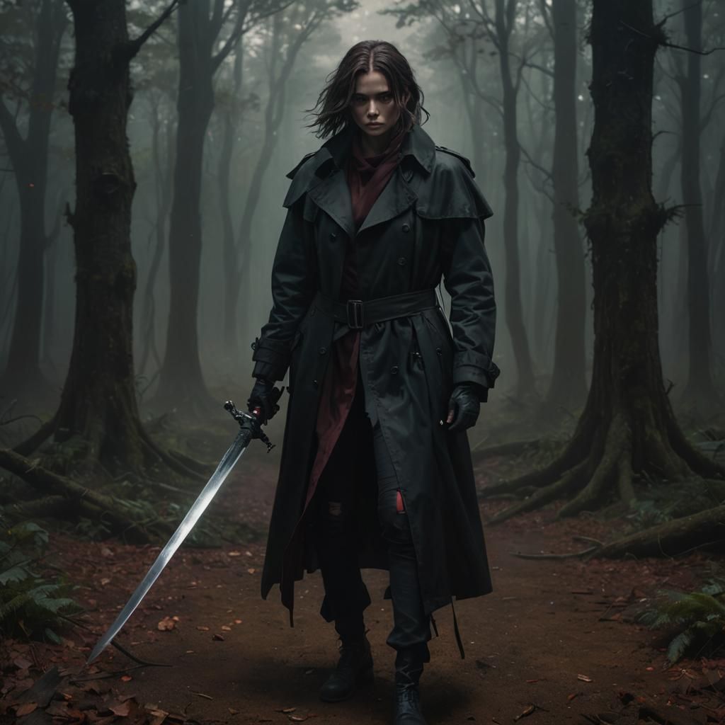Heroic Woman with Sword in Misty Forest