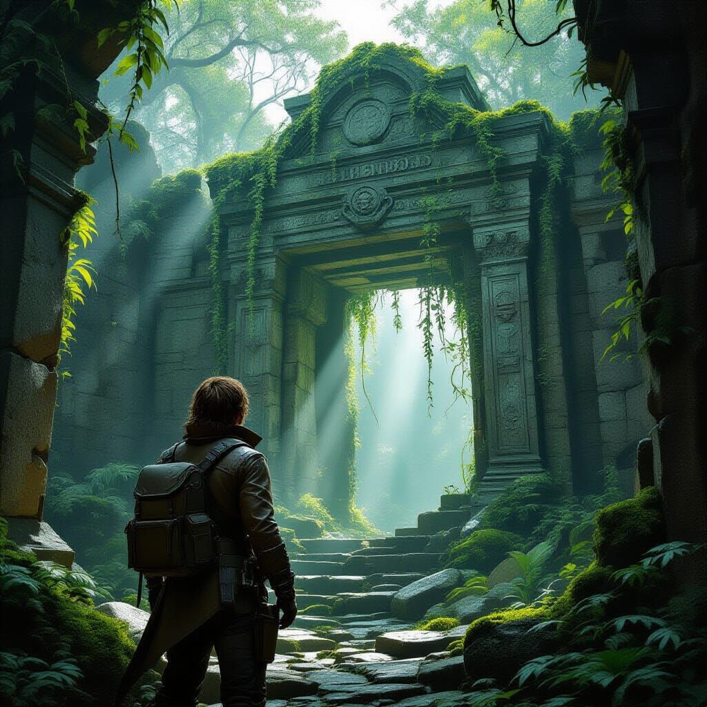Explorer at Ancient Ruins in Hyper-Realistic Style