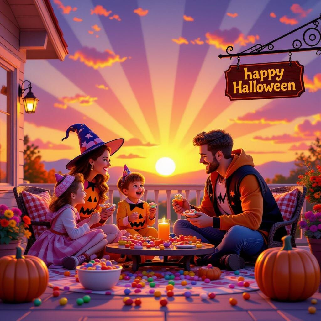 Whimsical Halloween Family Enjoying Candy at Sunset