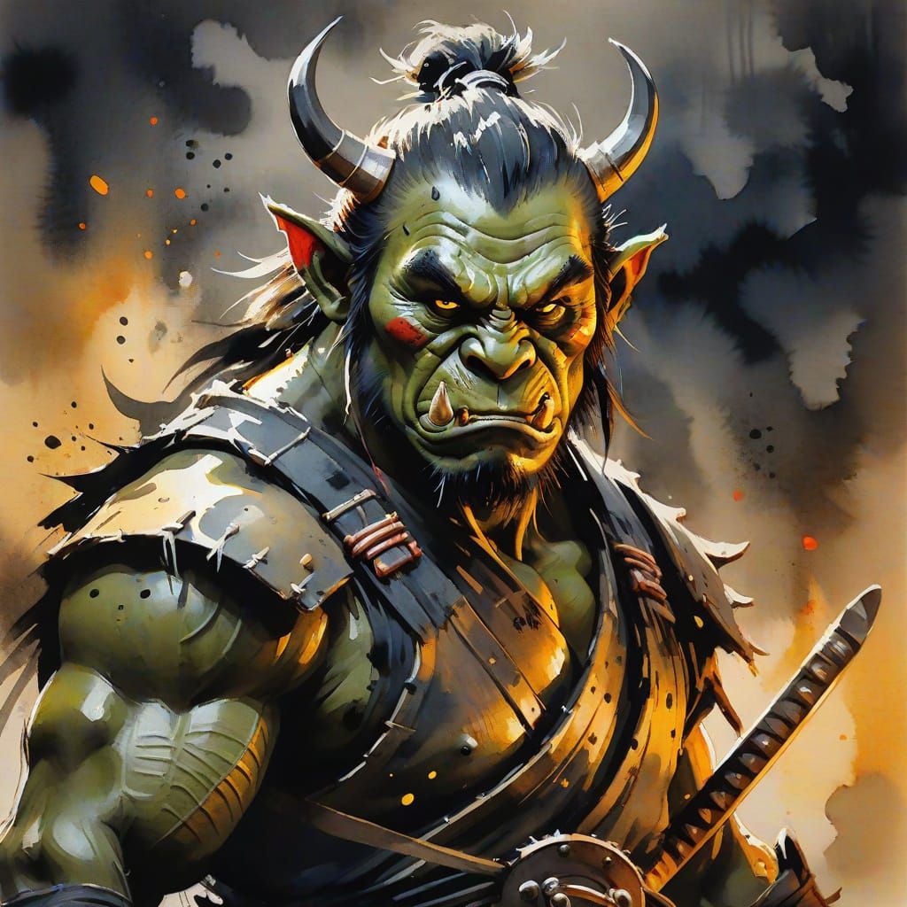 Fierce Orc Warrior in Sumi-e Ink Painting Style