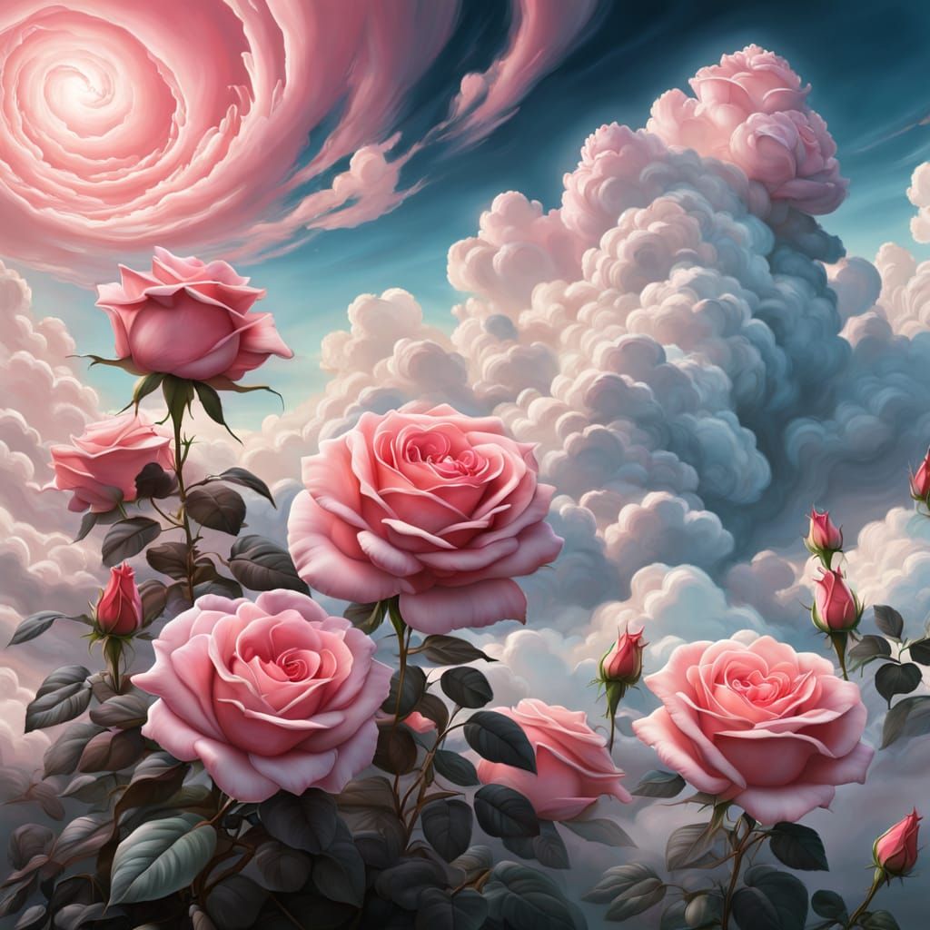 Luminous Roses Floating in Airbrushed Surreal Landscape