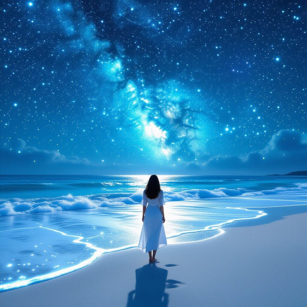 Bioluminescent Waves on Starry Shoreline in Dreamlike Style