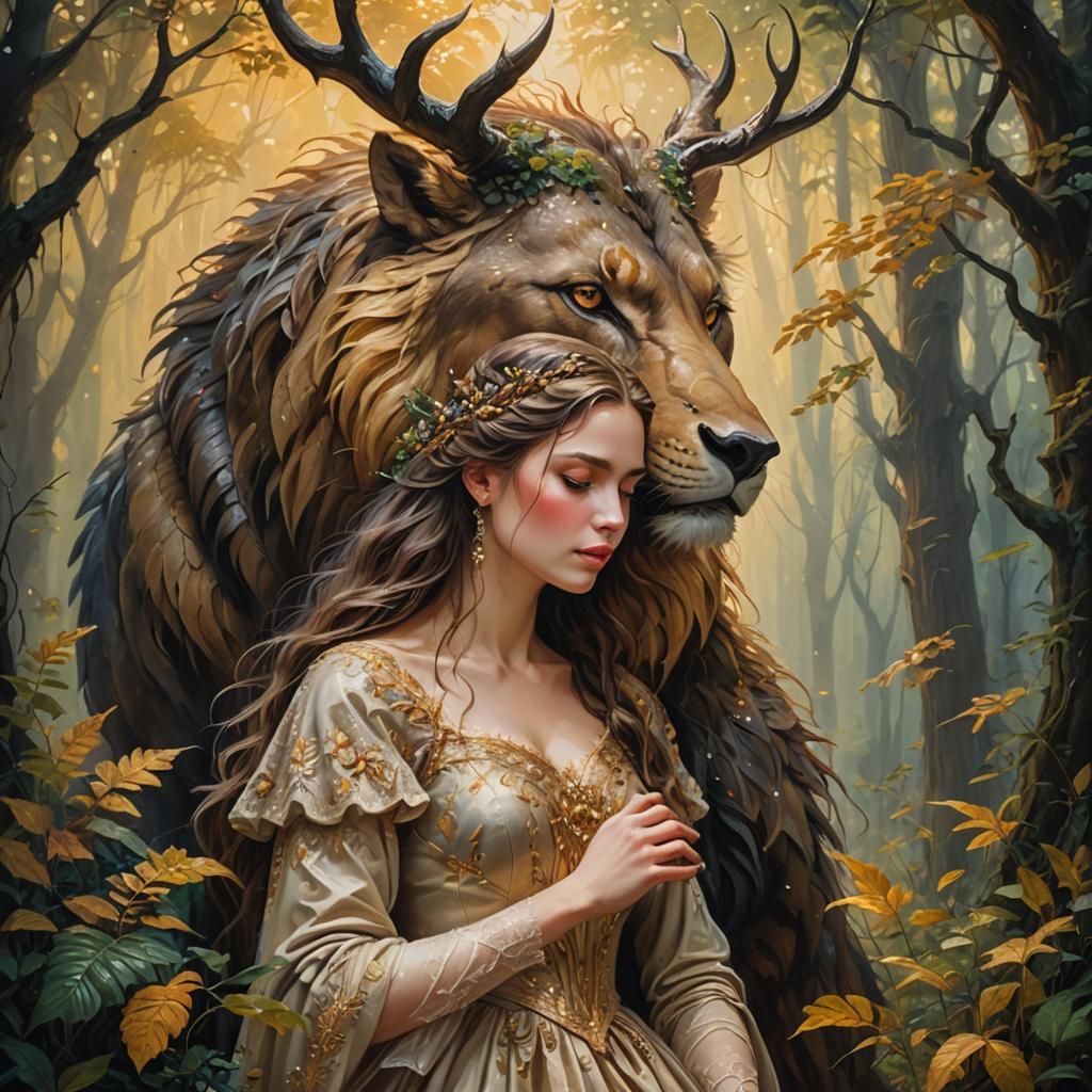 Enchanted Beauty Touches Beast in Mystical Forest