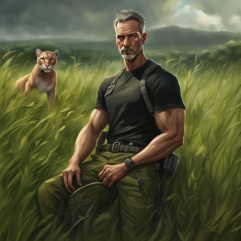 Cougar-Headed Man in Field, Hyperrealistic CGI Anime