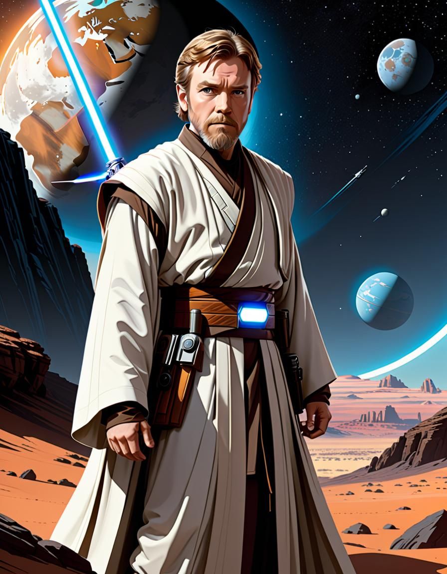 Obi-Wan Kenobi Line Art Portrait on Rocky Planet