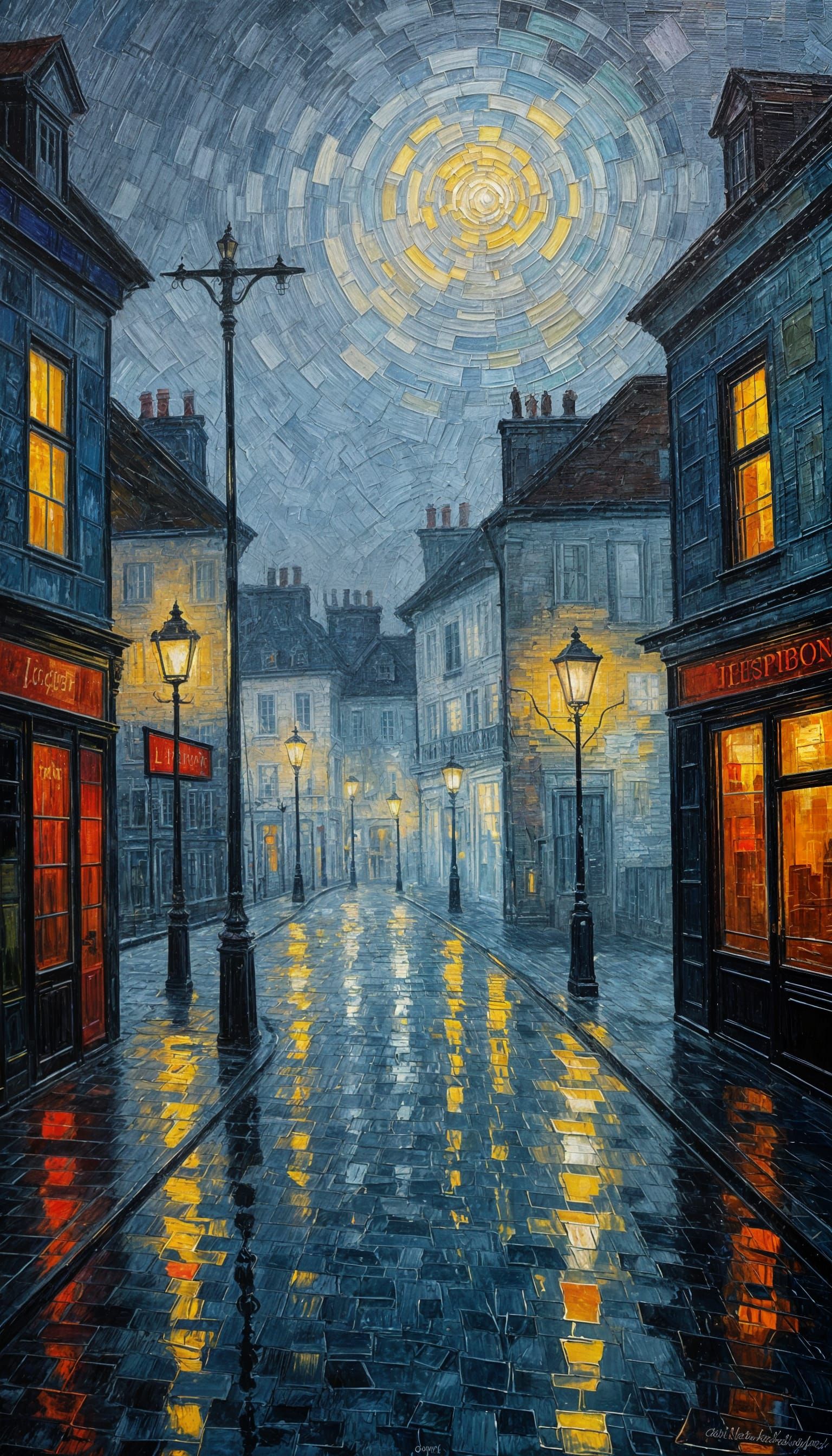 Street Lights Glow Through Fog in Expressive Oil Painting