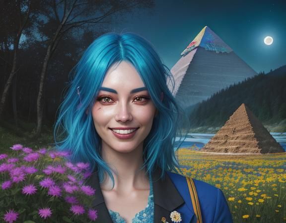 Woman with Blue Hair in Ecstatic Landscape