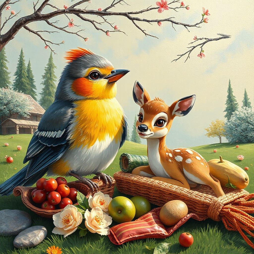 Kawaii Bird and Bambi Springtime Picnic, Neo-Impressionist S...