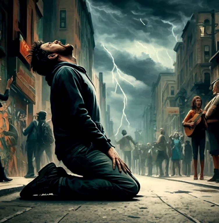 Distressed Man in Graffiti Art Street Scene