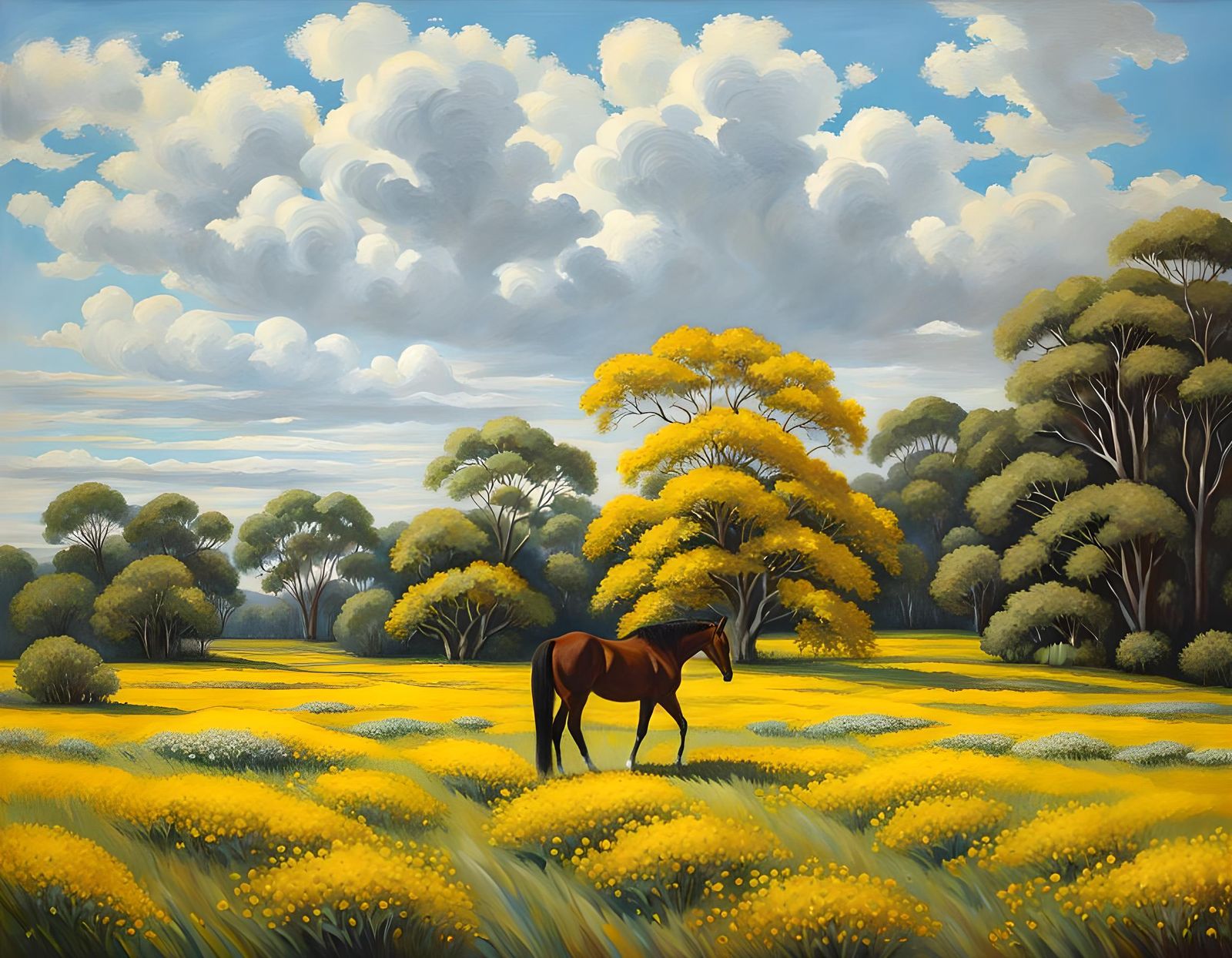 Horse Grazing in Field of Flowers: Impressionist Painting